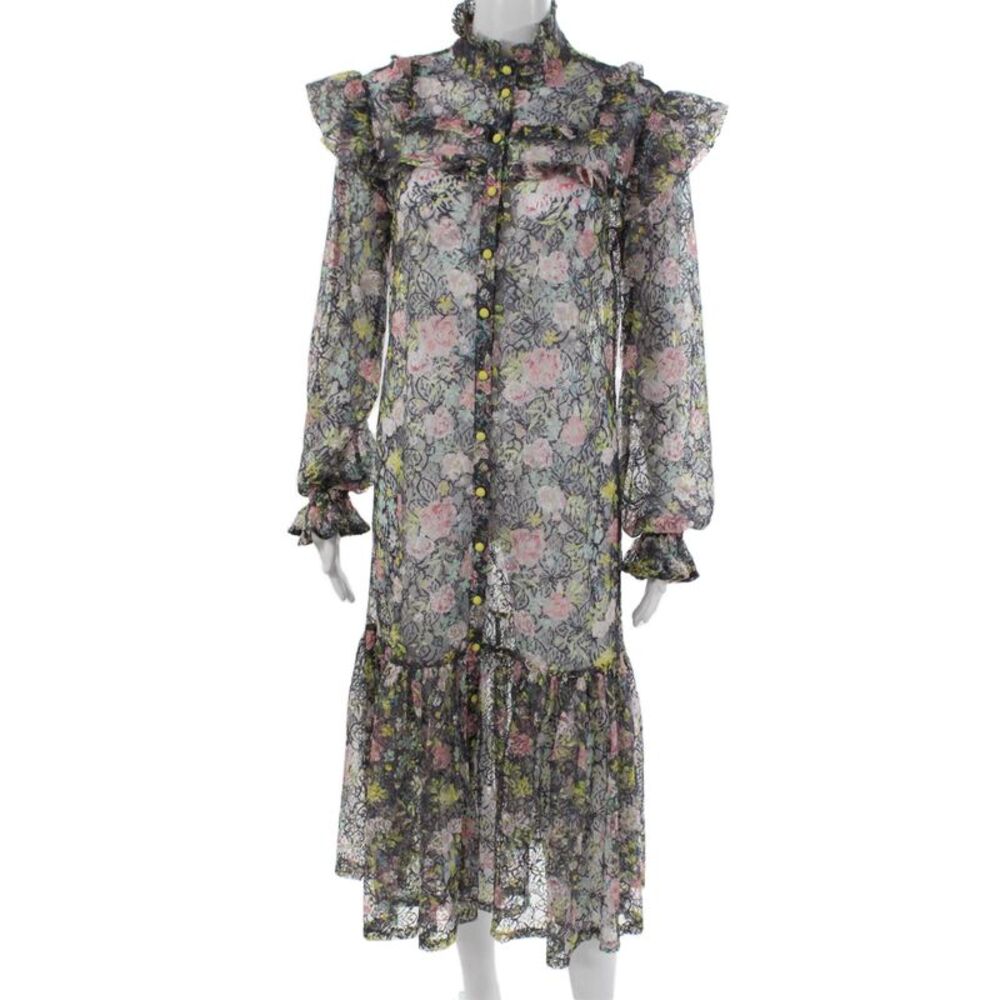 ROTATE Womens Maxi Floral High Neck Button Dress Multicolor Long Sleeve Size M